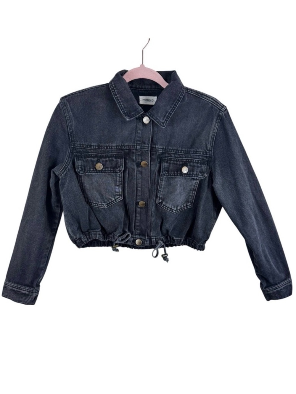 Mono B Cropped Denim Jacket Black Washed Button Front Edgy Biker‎ Streetwear S